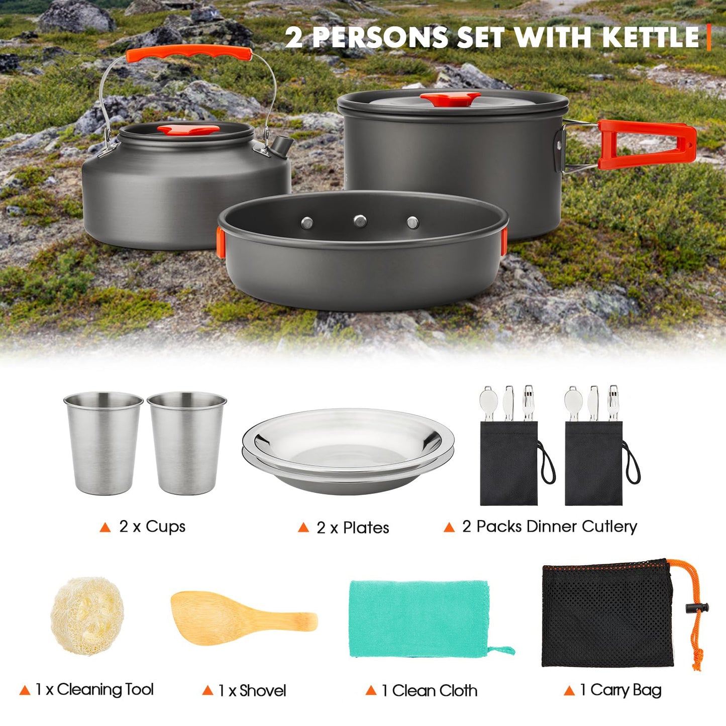 16pcs Camping Cookware Kit, 0.45Gal Pot, 7inches Pan,0.30Gal Kettle Set with 2 Set Stainless Steel Cups Plates Forks Knives Spoons for Hiking,Camping,Backpacking,Outdoor Cooking and Picnic