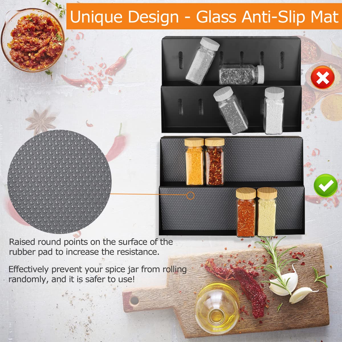 Glass Spice Drawer Organizer with 28 Spice Jars, 386 Labels, Marker & Funnel, 4 Tier Heavy Gauge Steel Seasoning Organizer Tray for Kitchen Drawer, Cabinets, Countertop,13.4" Wide x 18.7" Deep