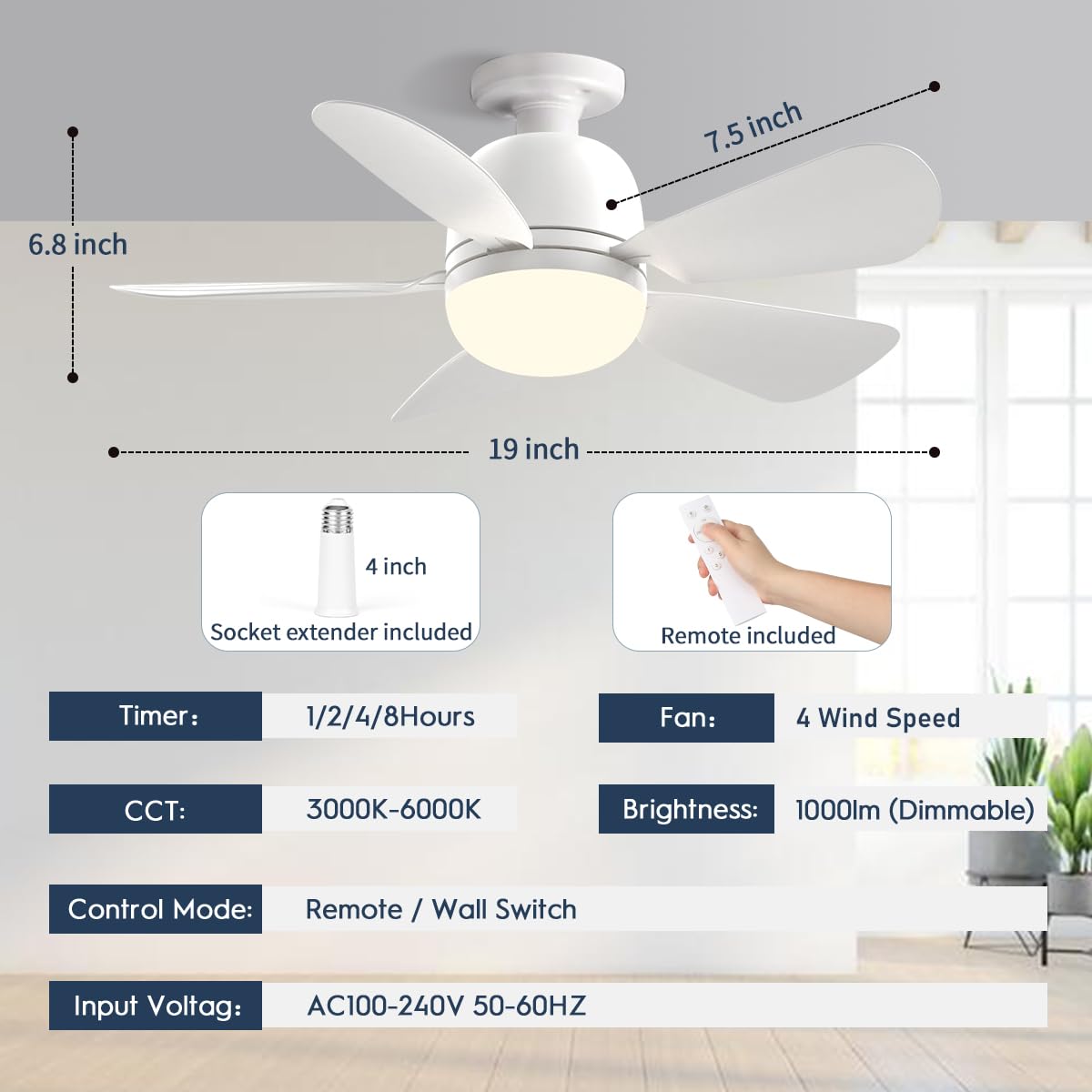 Socket Fan Light 19Inch, Dimmable Small Ceiling Fan with Light and Remote