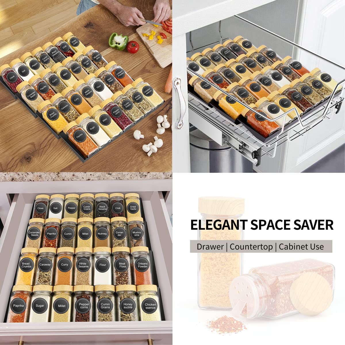 Glass Spice Drawer Organizer with 28 Spice Jars, 386 Labels, Marker & Funnel, 4 Tier Heavy Gauge Steel Seasoning Organizer Tray for Kitchen Drawer, Cabinets, Countertop,13.4" Wide x 18.7" Deep