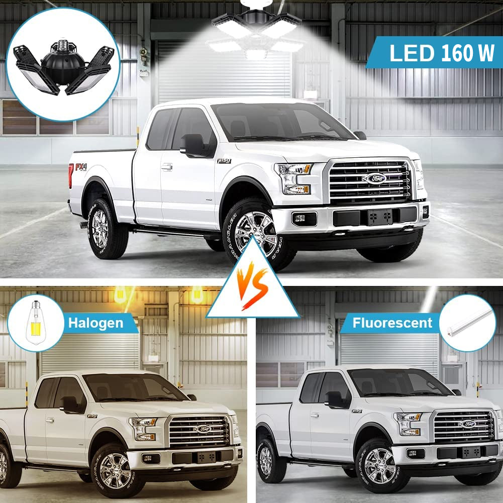 2 Pack LED Garage Lights, 160W Deformable LED Garage Ceiling Lights with 5 Adjustable Panels, E26 / E27 LED Lights for Garage
