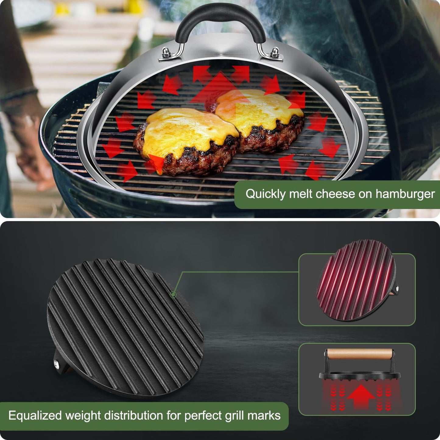 5 Pcs Griddle Accessories Smash Burger Kit, 12inch Heavy Duty Round Dome, Bacon Press, Hamburger Spatula, Patty Papers, and Squeeze Bottle