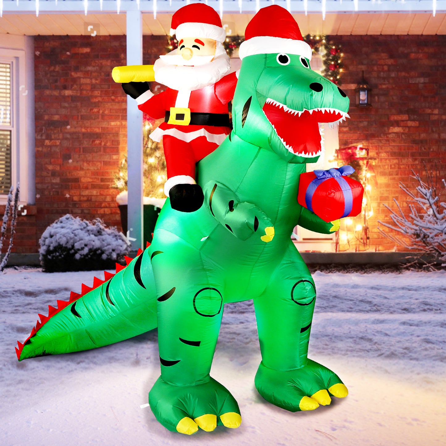 7FT Christmas Inflatable Decorations Clearance, Giant Xmas Santa Dinosaur Blow Up LED Light Up Indoor Outdoor Yard Decorations with Gift Box, Holiday Xmas Party Patio Garden Lawn New Year Kids Gifts