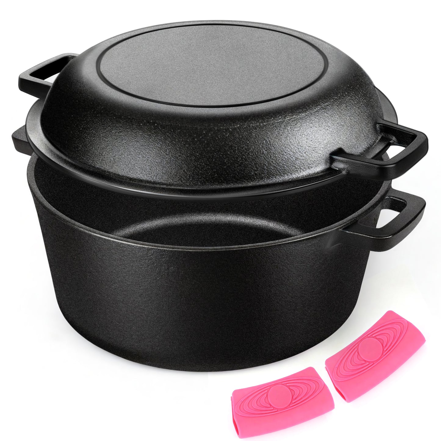 2-in-1 Cast Iron Dutch Oven Pot, TAIMASI 5 Qt Pre-Seasoned Cooking Pan with Skillet Lid & Dual Handles,Indoor Outdoor Cast Iron Skillet Cookware Pan Set for Bread Frying Baking