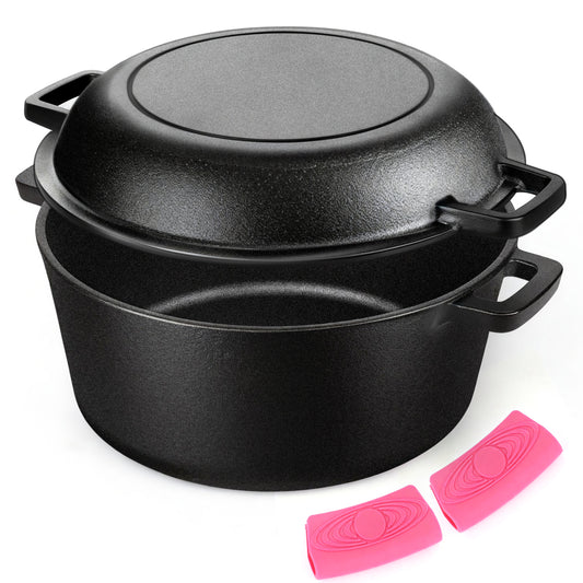 2-in-1 Cast Iron Dutch Oven Pot, TAIMASI 5 Qt Pre-Seasoned Cooking Pan with Skillet Lid & Dual Handles,Indoor Outdoor Cast Iron Skillet Cookware Pan Set for Bread Frying Baking