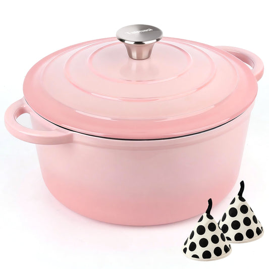 Enameled Cast Iron Dutch Oven, TAIMASI 5QT Dutch Oven Pot with Lid & Cotton Potholders, Heavy-Duty Cookware for Braising, Stews, Roasting, Bread Baking, All Stovetop Compatible (Pink)