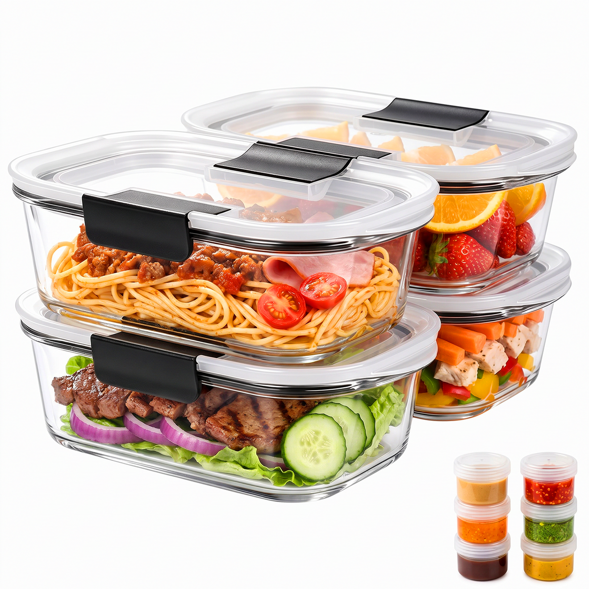 20 Pcs Glass Food Storage Containers with Lids, Glass Meal Prep Container Sets with Snap Airtight Lids, Meal Prep Containers with Sauce Cups, Microwave, Oven, Freezer & Dishwasher Safe, Leak-Proof