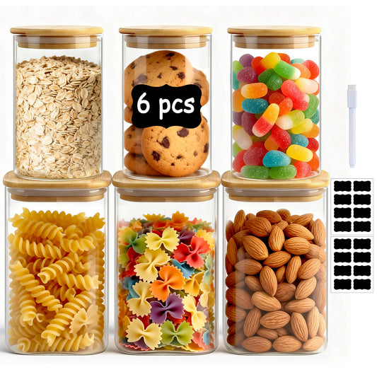 6 Pack Glass Storage Jars Set, 27oz & 37oz Clear Glass Food Storage Containers with Airtight Bamboo Lid, Stackable Kitchen Canisters for Candy, Cookie, Flour, Pasta, Nuts & Spice ( Labels + Marker)