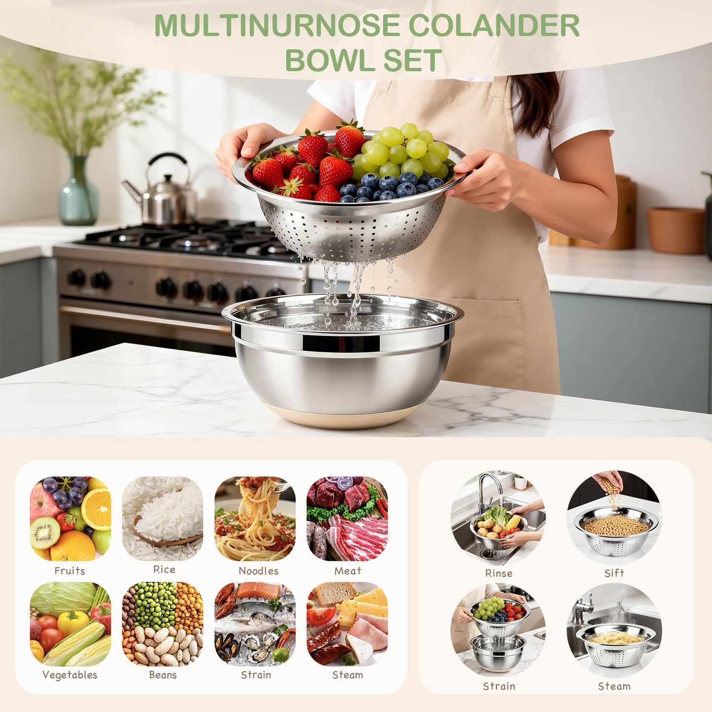 30 PCS Stainless Steel Mixing Bowls Set with Airtight Lids, Non-Slip Silicone Bottom, Colander & Grater, Kitchen Serving Gadgets, Sizes 4.5, 3, 2.5, 2, 1.5, 1, 0.75 QT