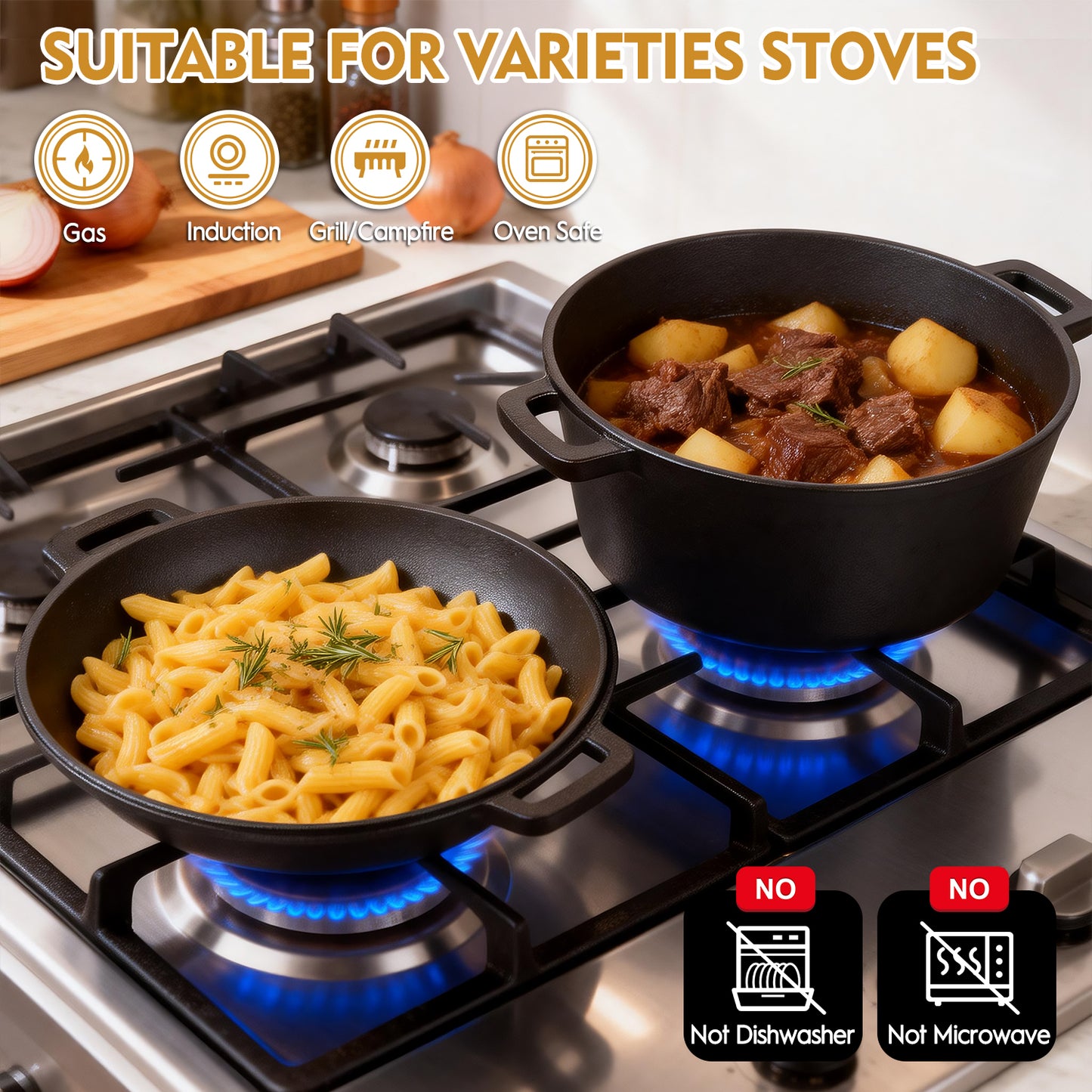 2-in-1 Cast Iron Dutch Oven Pot, TAIMASI 5 Qt Pre-Seasoned Cooking Pan with Skillet Lid & Dual Handles,Indoor Outdoor Cast Iron Skillet Cookware Pan Set for Bread Frying Baking