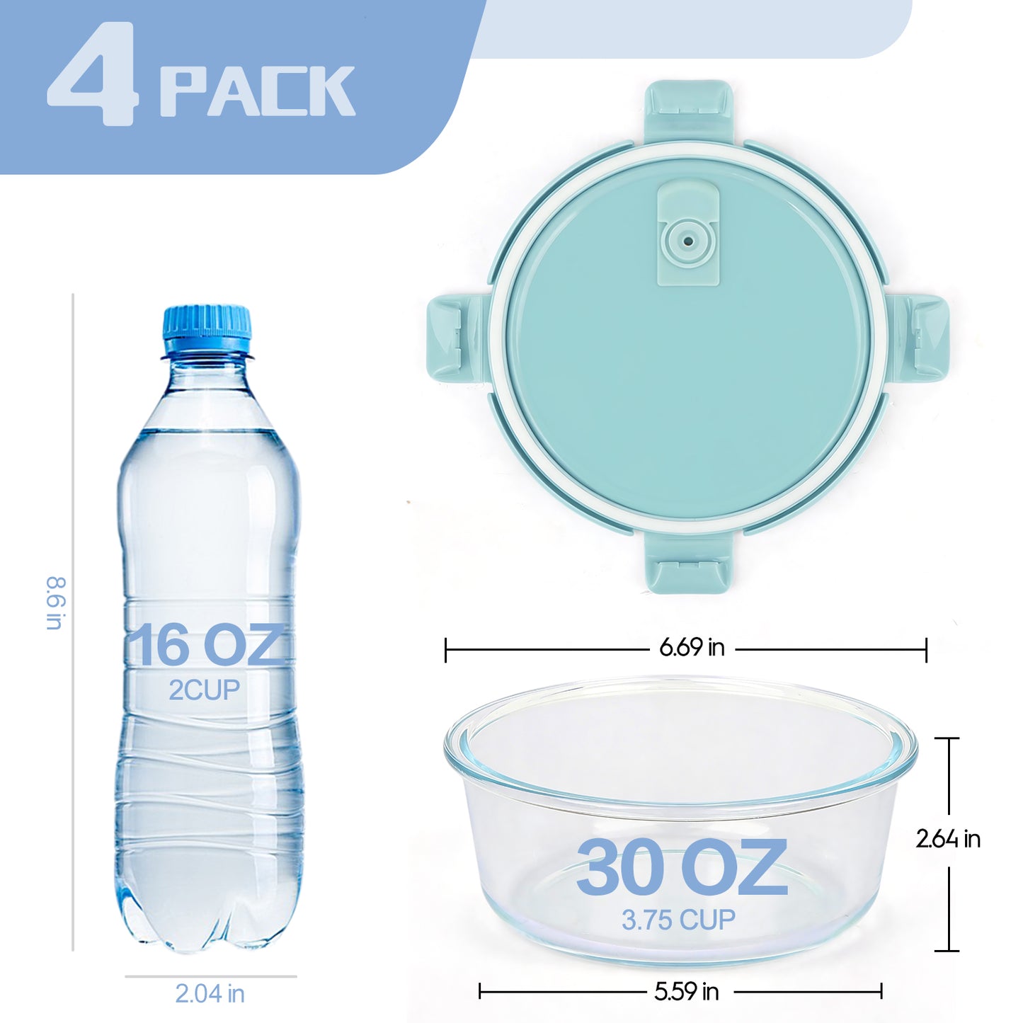 8 Pcs Glass Food Storage Containers with Lids 30oz, Airtight Meal Prep Lunch Box Containers Set for Soup, Leftover, Microwave/Oven/Freezer/Dishwasher Safe, BPA Free