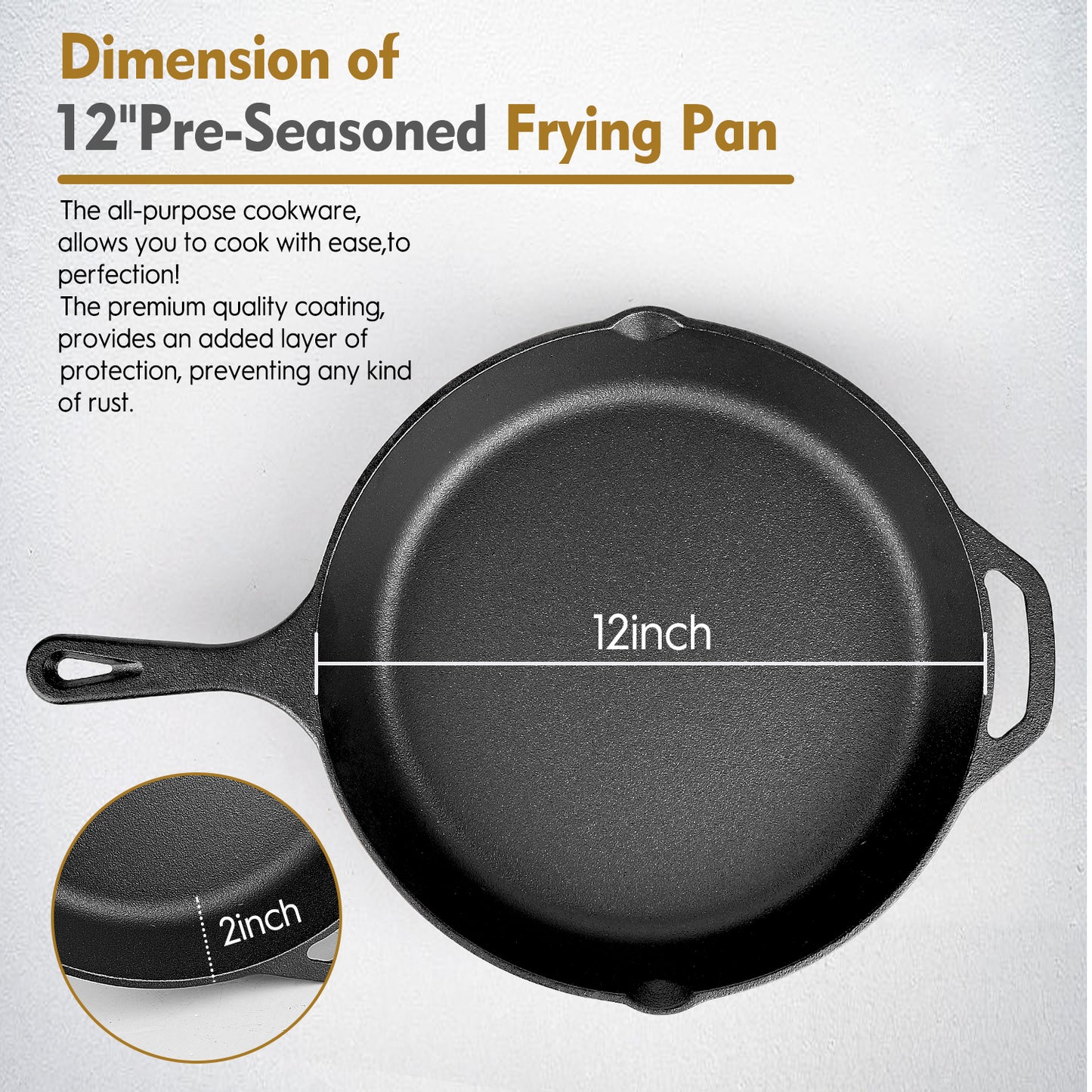 Cast Iron Skillet with Lid, AOKIWO 12" Pre-Seasoned Covered Frying Pan, Indoor/Outdoor Glass Cover Cookware Set for Grill, BBQ, Stovetop, Oven Safe