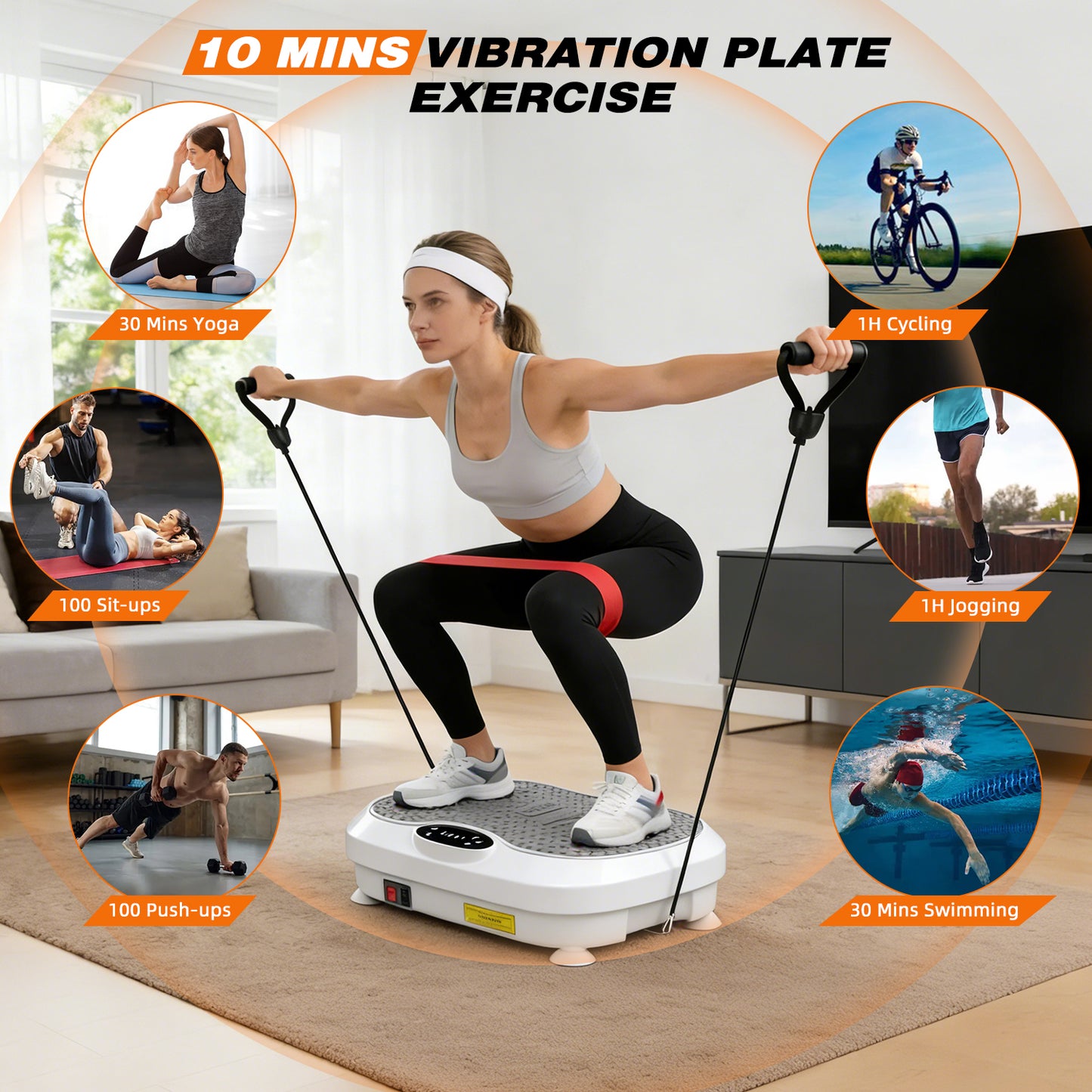 Vibration Plate Exercise Machine, DOMNIU Whole Body Workout Vibration Platform for Lymphatic Drainage, Vibrating Muscle Toner w/ 2 Resistance Bands for Weight Loss, White