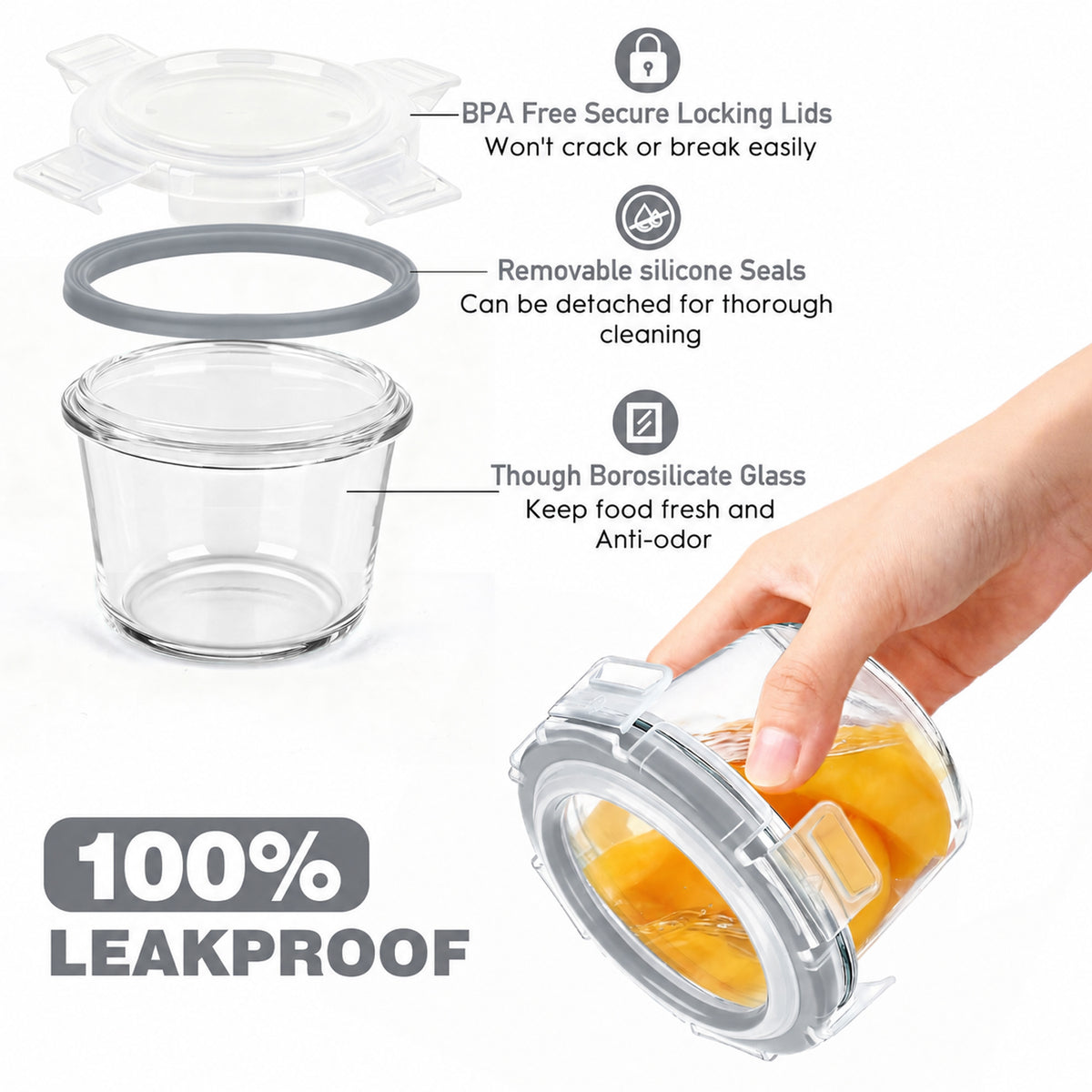 12 Pcs Small Glass Food Storage Containers with Lids Set, 5oz Airtight Meal Prep Containers Lunch Box (6 Containers & 6 Lids) for Fruit, Snack, Gray