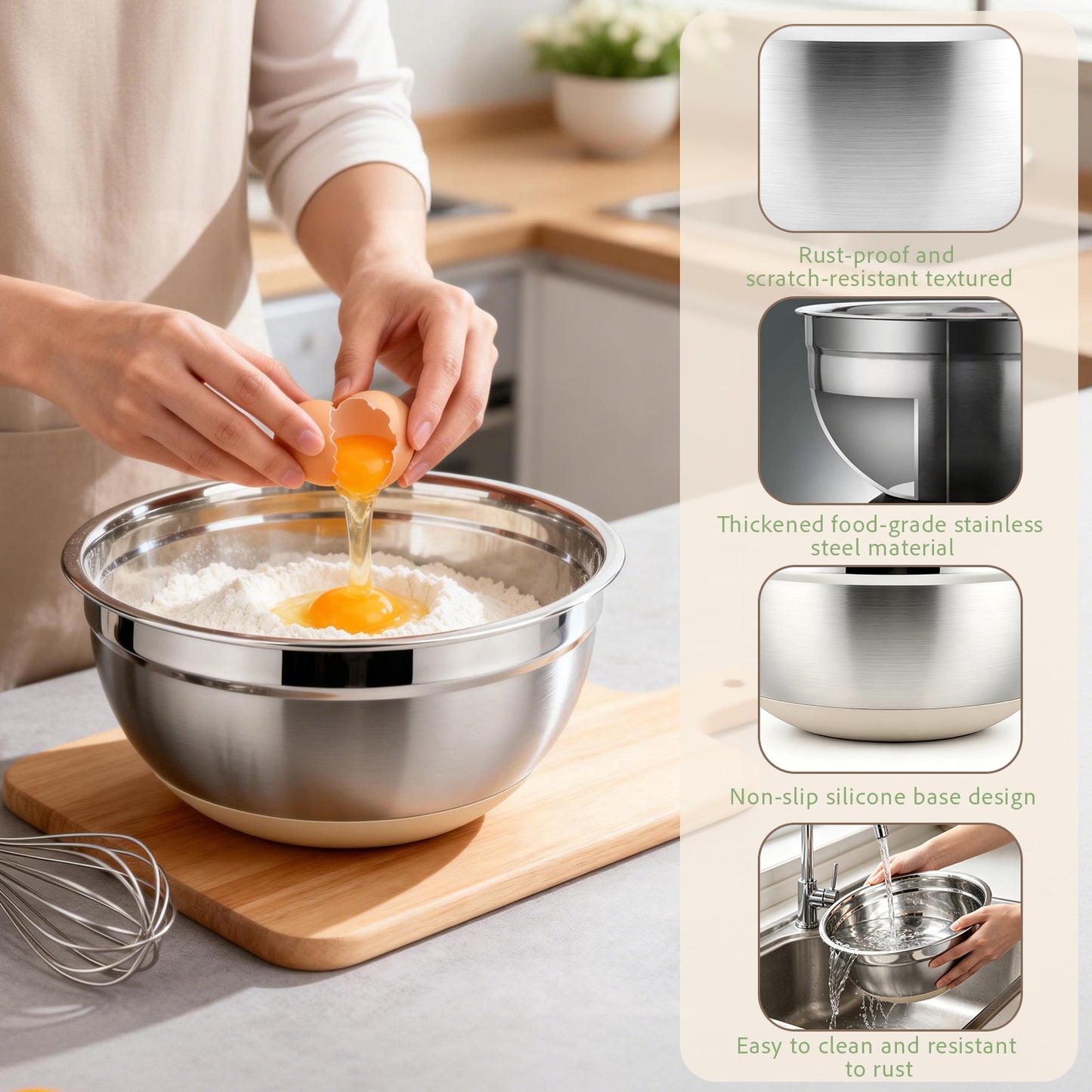30 PCS Stainless Steel Mixing Bowls Set with Airtight Lids, Non-Slip Silicone Bottom, Colander & Grater, Kitchen Serving Gadgets, Sizes 4.5, 3, 2.5, 2, 1.5, 1, 0.75 QT