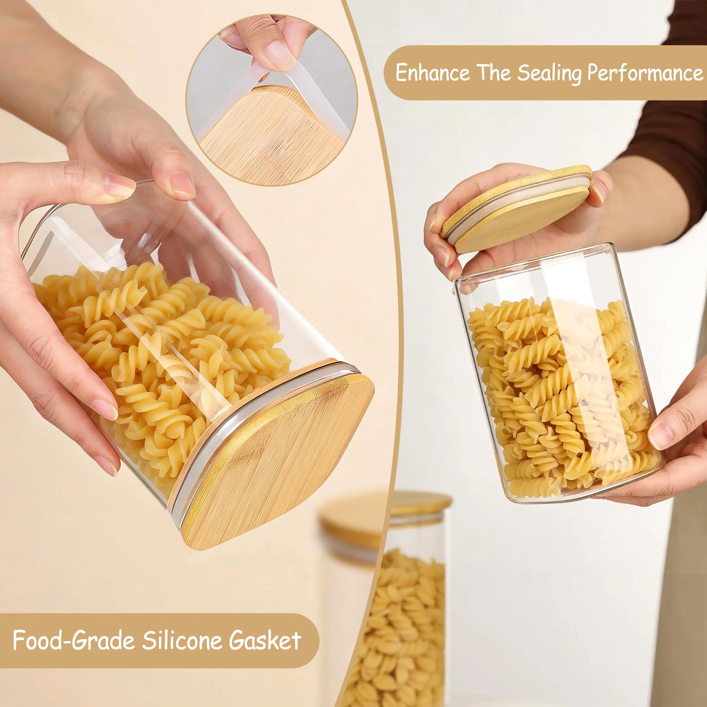 6 Pack Glass Storage Jars Set, 27oz & 37oz Clear Glass Food Storage Containers with Airtight Bamboo Lid, Stackable Kitchen Canisters for Candy, Cookie, Flour, Pasta, Nuts & Spice ( Labels + Marker)