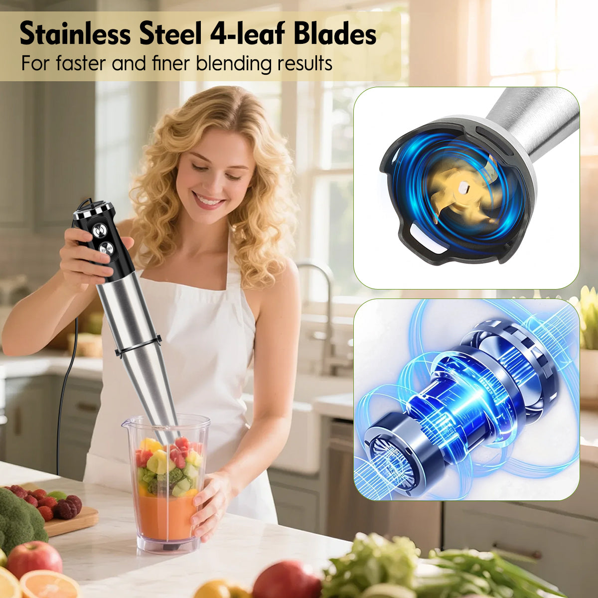 Immersion Blender Handheld Blender, AOKIWO 3 in 1 Corded Stick Hand Blenders for Kitchen with 12 Speed Control, Blender with Whisk, Frother for Smoothies, Soup, Puree