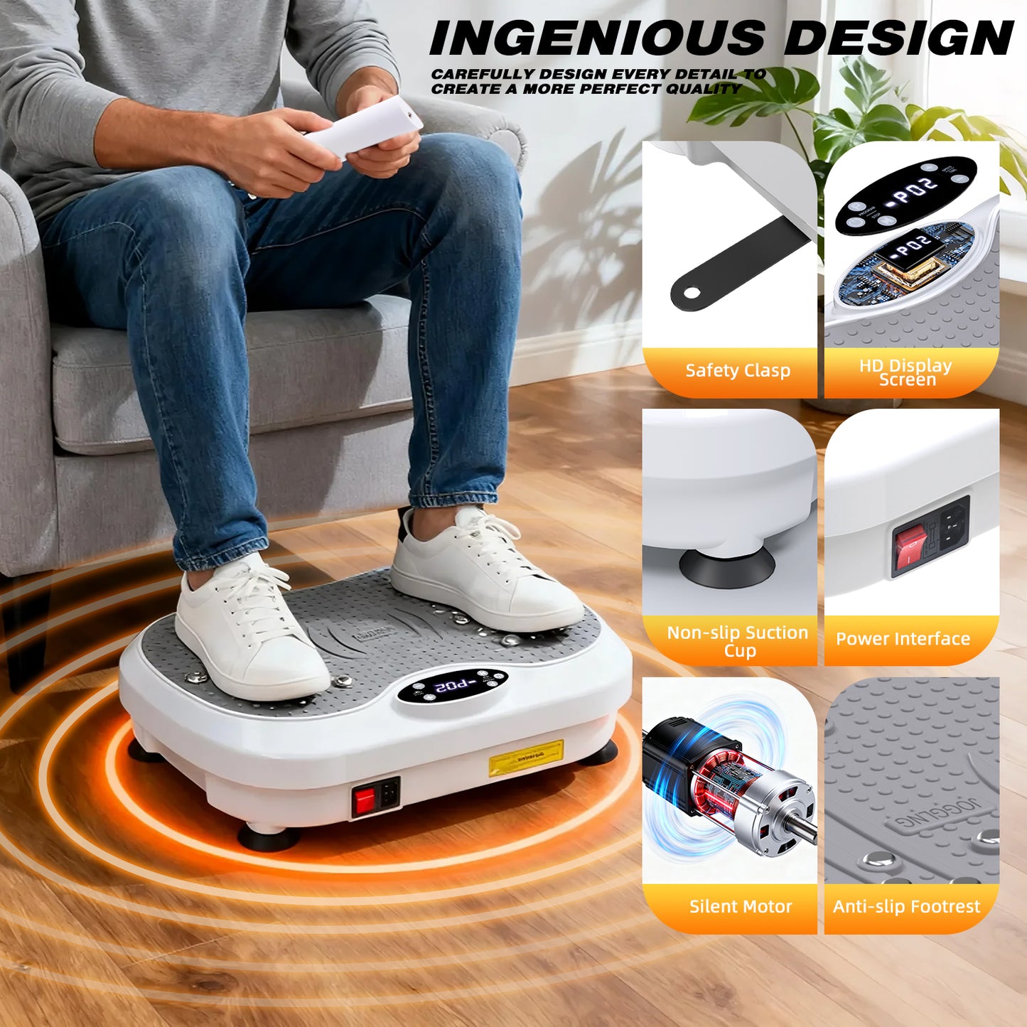 Vibration Plate Exercise Machine, DOMNIU Whole Body Workout Vibration Platform for Lymphatic Drainage, Vibrating Muscle Toner w/ 2 Resistance Bands for Weight Loss, White