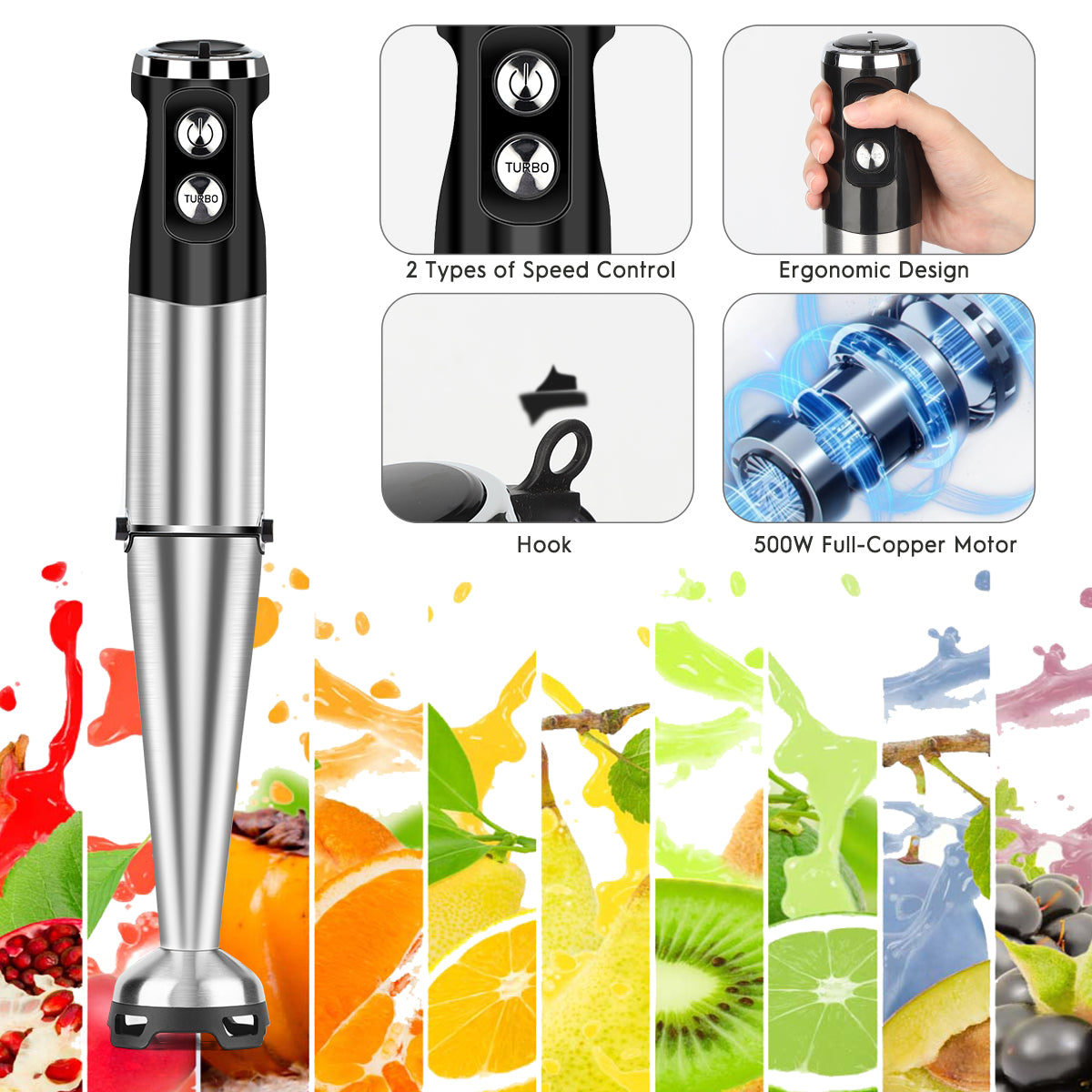 Immersion Blender Handheld, AOKIWO 12-Speed 5 in 1 Hand Blender, Stick Blender with Beaker, Chopper Bowl, Whisk, and Frother for Smoothies, Soup, Baby Food