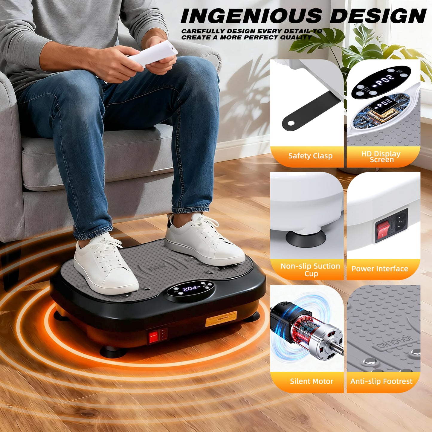 Vibration Plate Exercise Machine, DOMNIU Whole Body Vibration Plate for Weight Loss Lymphatic Drainage, Home Workout Vibrating Muscle Toner with 2 Resistance Bands, Black