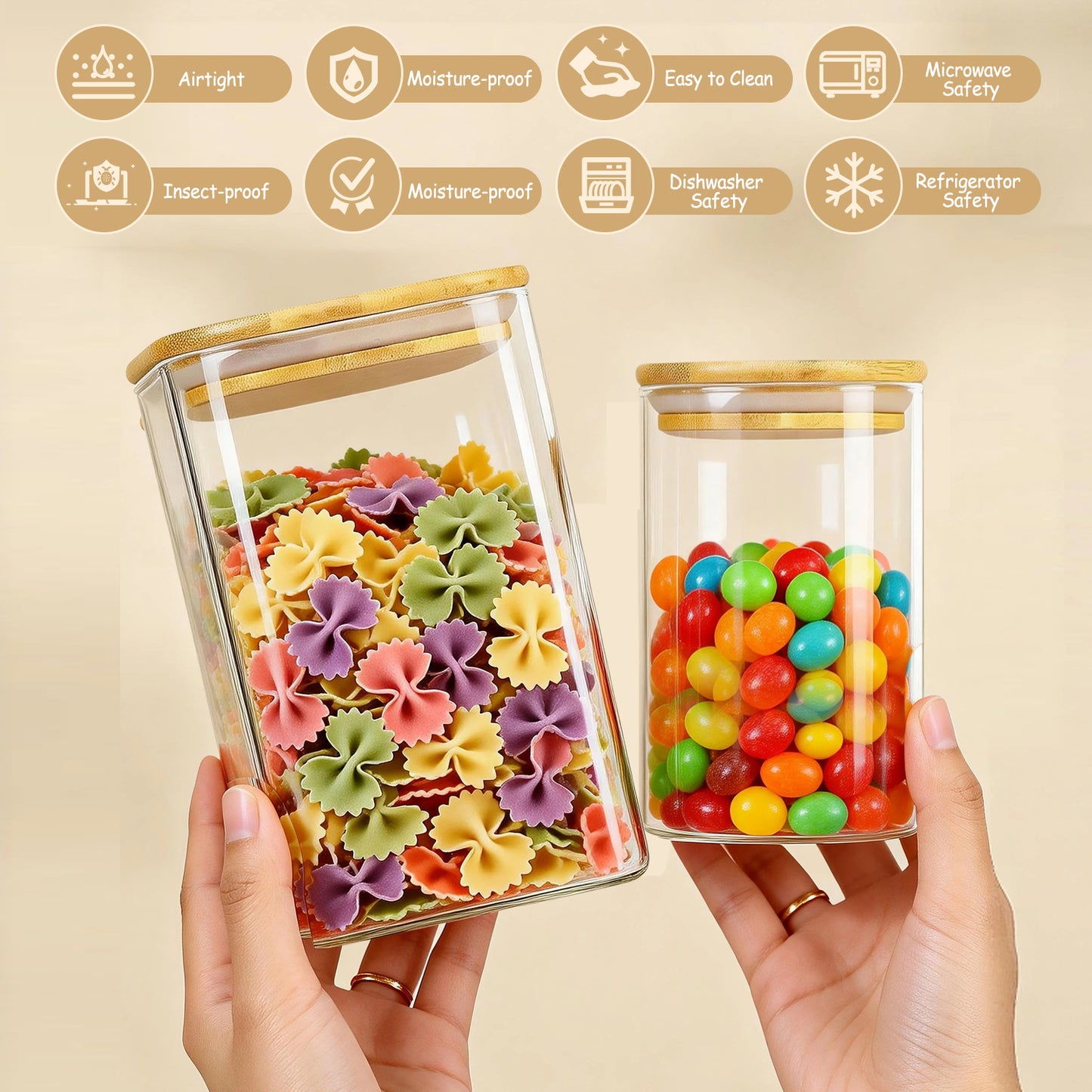 6 Pack Glass Storage Jars Set, 27oz & 37oz Clear Glass Food Storage Containers with Airtight Bamboo Lid, Stackable Kitchen Canisters for Candy, Cookie, Flour, Pasta, Nuts & Spice ( Labels + Marker)
