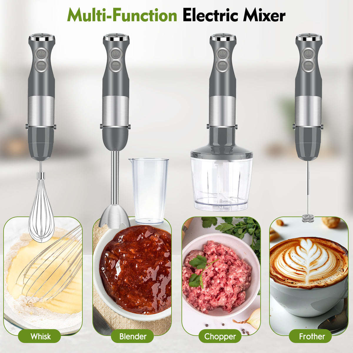 Immersion Blender Handheld, AOKIWO 5 in 1 Hand Blender 12 Speed Turbo Mode Stick Blender with Chopper, Milk Frother, Whisk, Beaker, Stainless Steel Hand Blender For Smoothie, Sauces