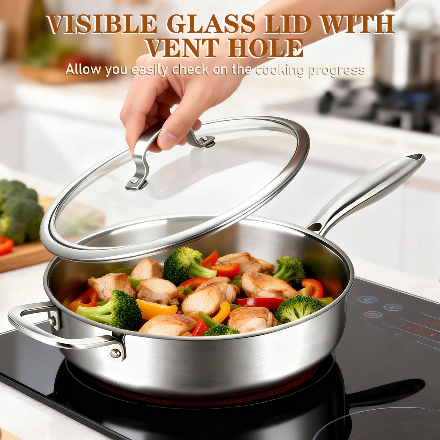 Tri-Ply Stainless Steel Frying Pan, TAIMASI 12 Inch Stainless Steel Skillet with Lid & Handle, 6 Quart Saute Pan Compatible with All Cooktops, Dishwasher and Oven Safe Cookware
