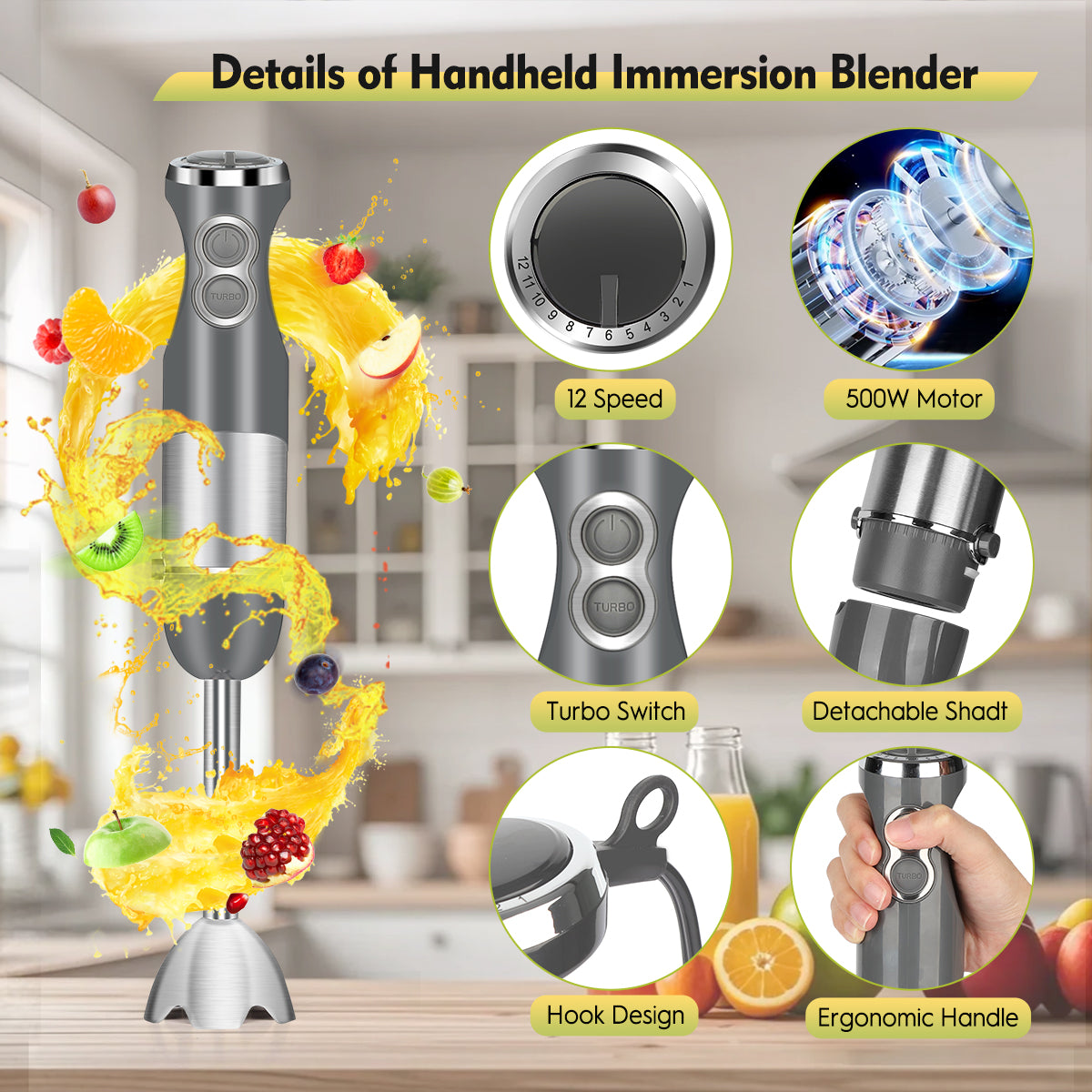 Immersion Blender Handheld, AOKIWO 5 in 1 Hand Blender 12 Speed Turbo Mode Stick Blender with Chopper, Milk Frother, Whisk, Beaker, Stainless Steel Hand Blender For Smoothie, Sauces
