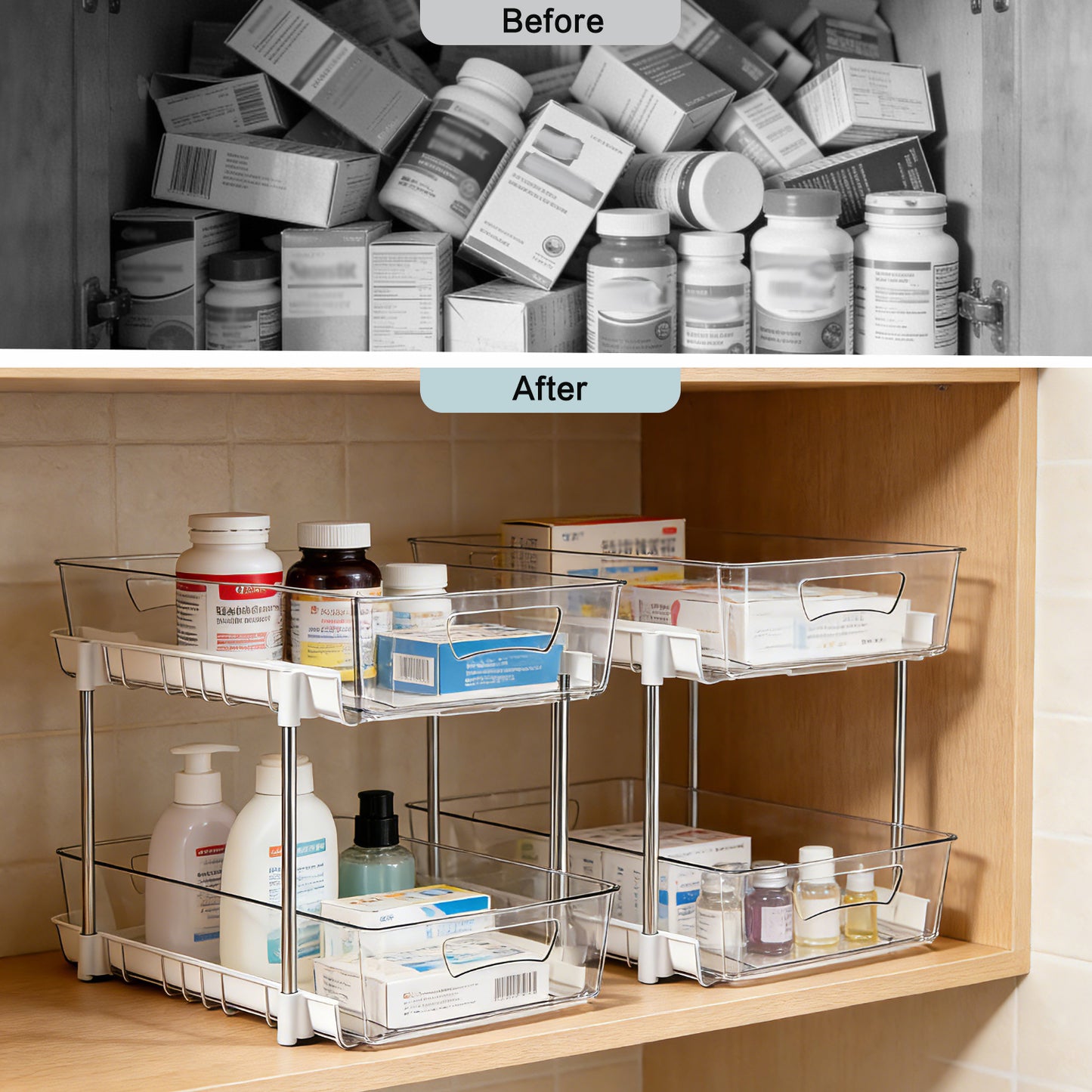 3 Pack Bathroom Organizer, 2 Tier Under Sink Organizers Vanity Countertop Storage Container, Kitchen Cabinet Drawers Bins, Pull-Out Organization for Pantry, Spice, White & Clear