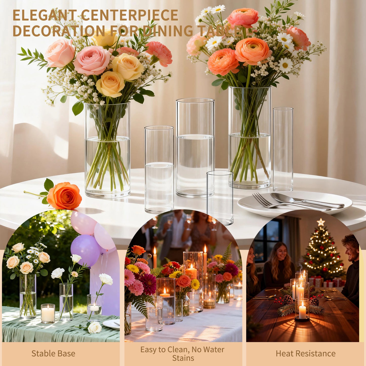 5pcs Modern Cylinder Glass Vase for Home Decor, Wedding Party Decor with Wide Mouth