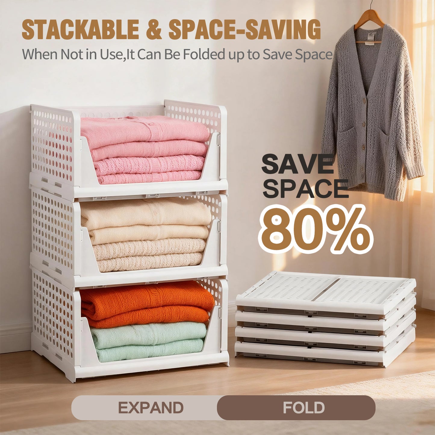 TAIMASI 8 Pack Stackable Closet Storage Basket, Multifunctional Foldable Closet Organizer for Kitchen Bathroom Laundry Room Wardrobe Storage, Space-Saving Clothes Storage Drawer Organizer, White