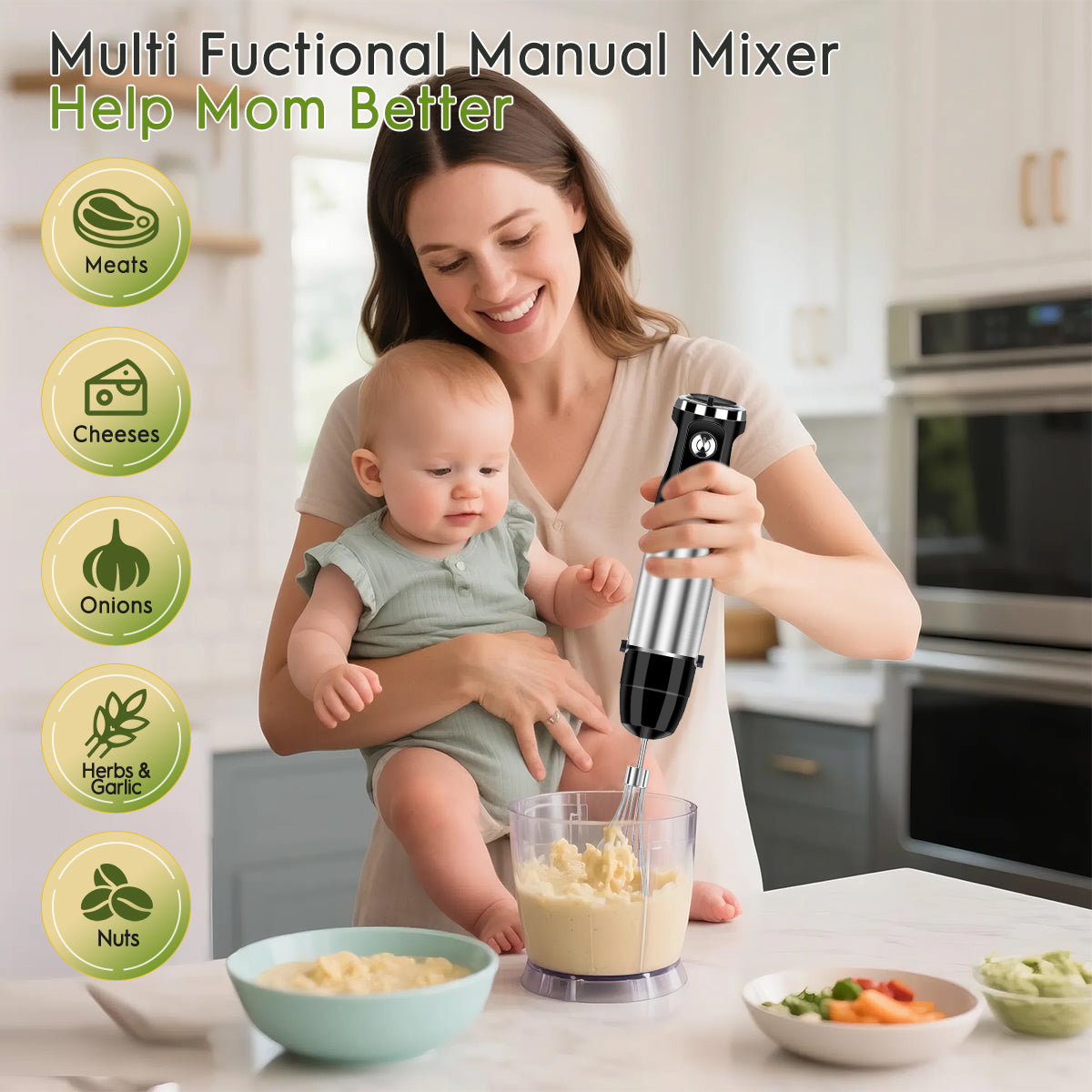 Immersion Blender Handheld, AOKIWO 12-Speed 5 in 1 Hand Blender, Stick Blender with Beaker, Chopper Bowl, Whisk, and Frother for Smoothies, Soup, Baby Food