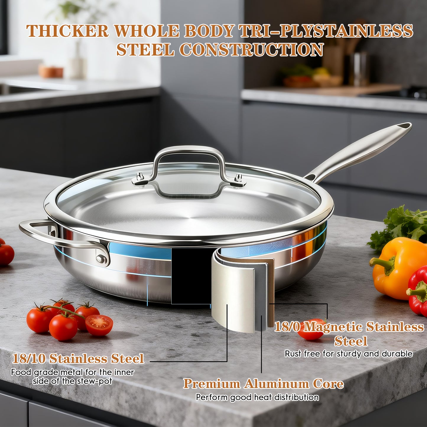 Tri-Ply Stainless Steel Frying Pan, TAIMASI 12 Inch Stainless Steel Skillet with Lid & Handle, 6 Quart Saute Pan Compatible with All Cooktops, Dishwasher and Oven Safe Cookware