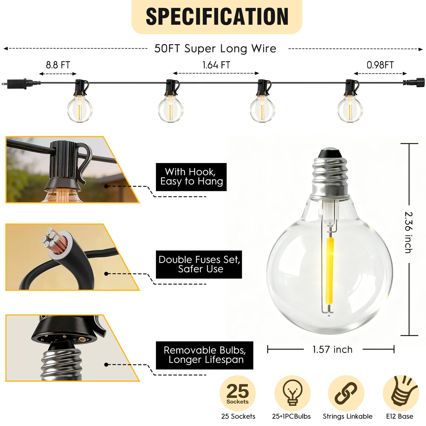 Mibote Solar Outdoor String Lights, 50FT 25 G40 Bulbs Shatterproof Patio Lights,IP44 Waterproof,Dimmable ,Remote Control for Patio Garden