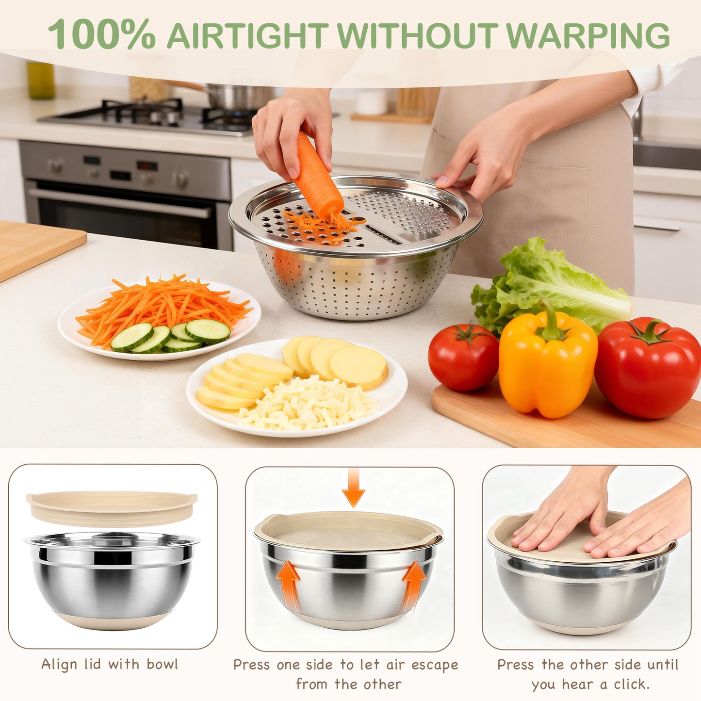 30 PCS Stainless Steel Mixing Bowls Set with Airtight Lids, Non-Slip Silicone Bottom, Colander & Grater, Kitchen Serving Gadgets, Sizes 4.5, 3, 2.5, 2, 1.5, 1, 0.75 QT