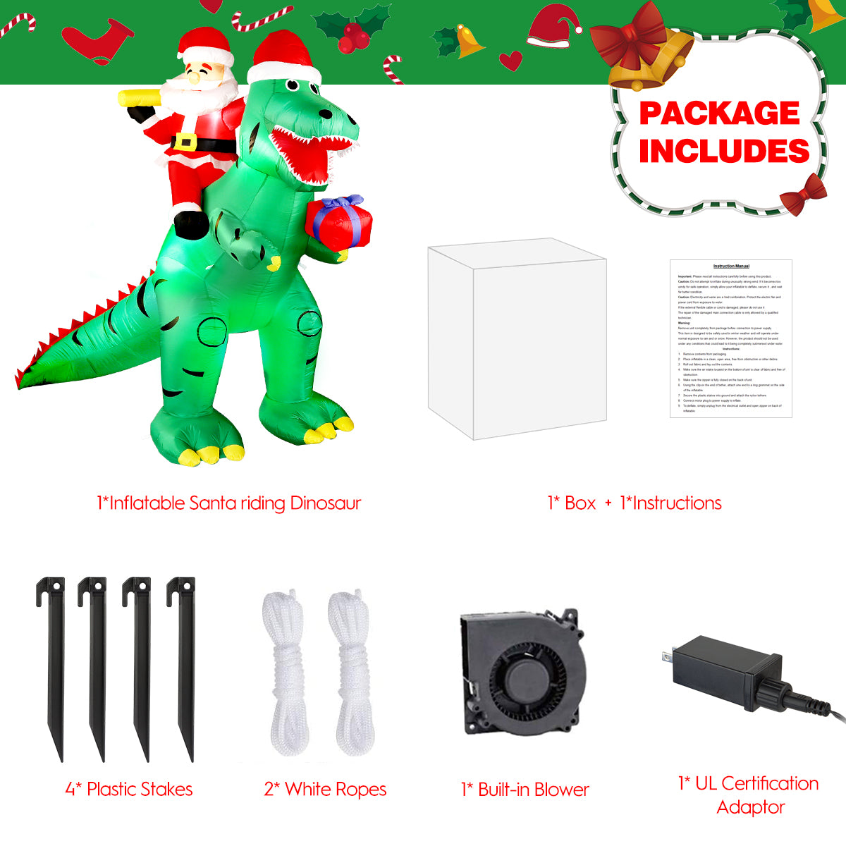 7FT Christmas Inflatable Decorations Clearance, Giant Xmas Santa Dinosaur Blow Up LED Light Up Indoor Outdoor Yard Decorations with Gift Box, Holiday Xmas Party Patio Garden Lawn New Year Kids Gifts