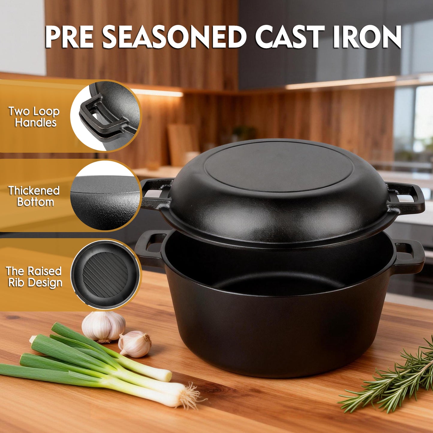 2-in-1 Cast Iron Dutch Oven Pot, TAIMASI 5 Qt Pre-Seasoned Cooking Pan with Skillet Lid & Dual Handles,Indoor Outdoor Cast Iron Skillet Cookware Pan Set for Bread Frying Baking
