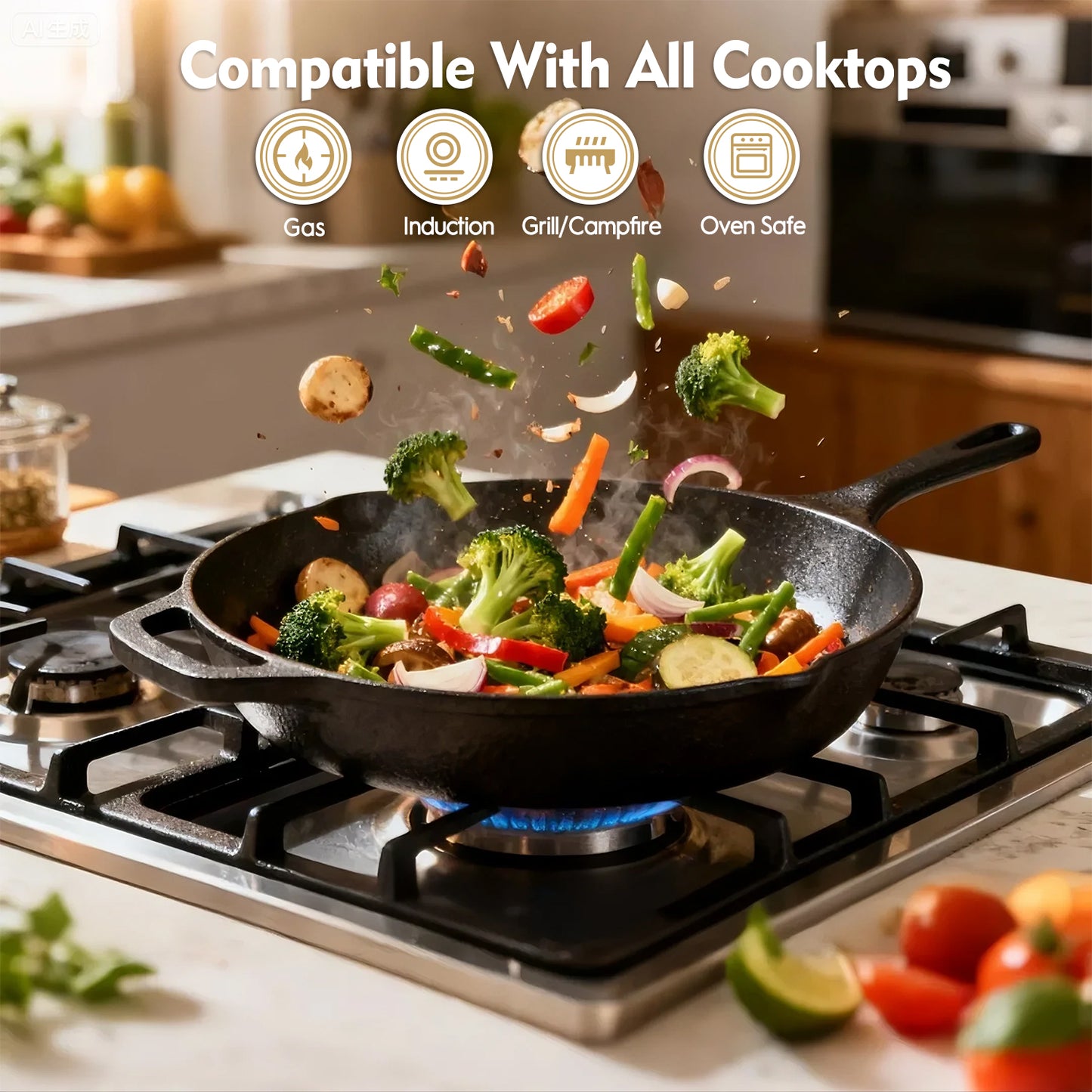 Cast Iron Skillet with Lid, AOKIWO 12" Pre-Seasoned Covered Frying Pan, Indoor/Outdoor Glass Cover Cookware Set for Grill, BBQ, Stovetop, Oven Safe