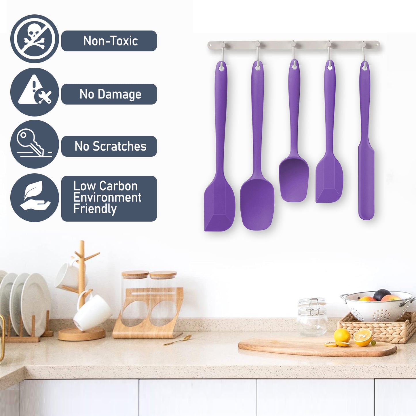 Food Grade Silicone Rubber Spatula Set, TAIMASI 5 Pcs Kithen Cooking Mixing Utensil Set, BPA-Free High Heat Resistant Non Stick Dishwasher-Purple