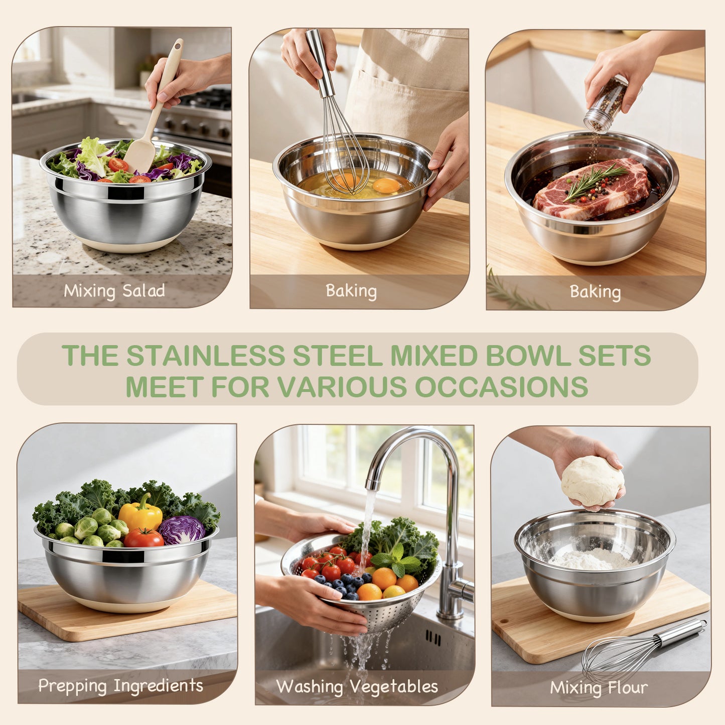 30 PCS Stainless Steel Mixing Bowls Set with Airtight Lids, Non-Slip Silicone Bottom, Colander & Grater, Kitchen Serving Gadgets, Sizes 4.5, 3, 2.5, 2, 1.5, 1, 0.75 QT