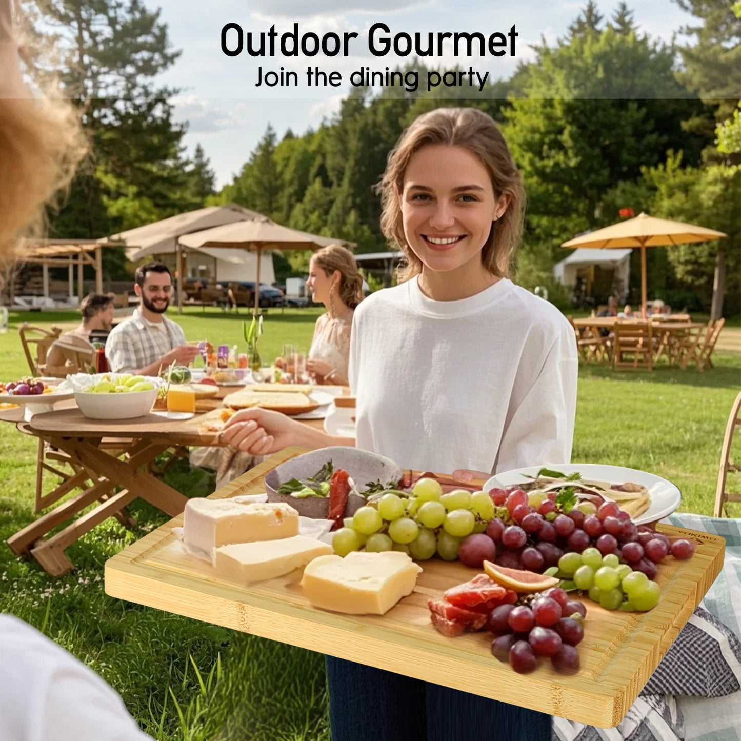 Wooden Cutting Boards with Stand - AOKIWO 8Pcs Bamboo Cutting Board with Stand and Cheese Knives and Finger Guards, Multi-functional Kitchen Meal Prep Board Sets for Charcuterie, Meat, Vegetable