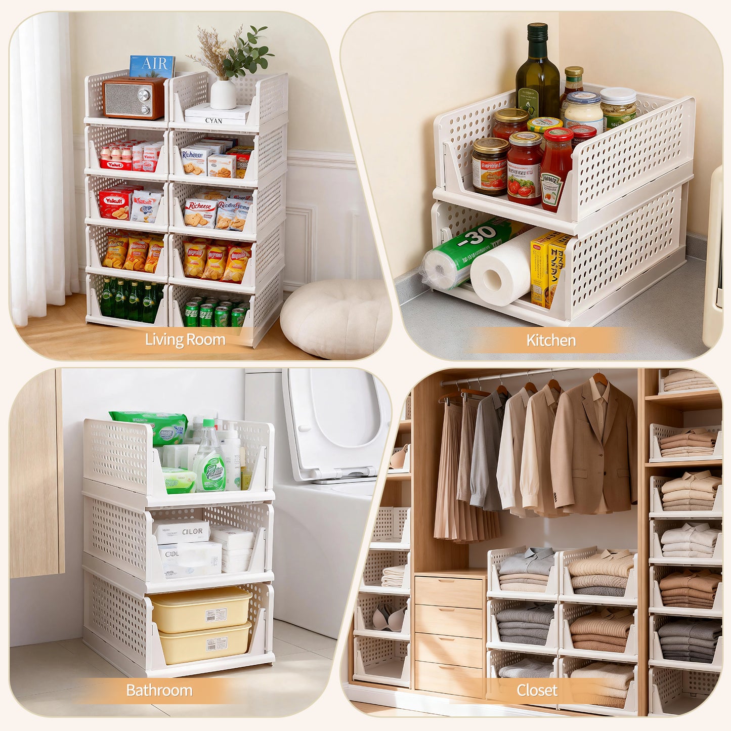 TAIMASI 8 Pack Stackable Closet Storage Basket, Multifunctional Foldable Closet Organizer for Kitchen Bathroom Laundry Room Wardrobe Storage, Space-Saving Clothes Storage Drawer Organizer, White