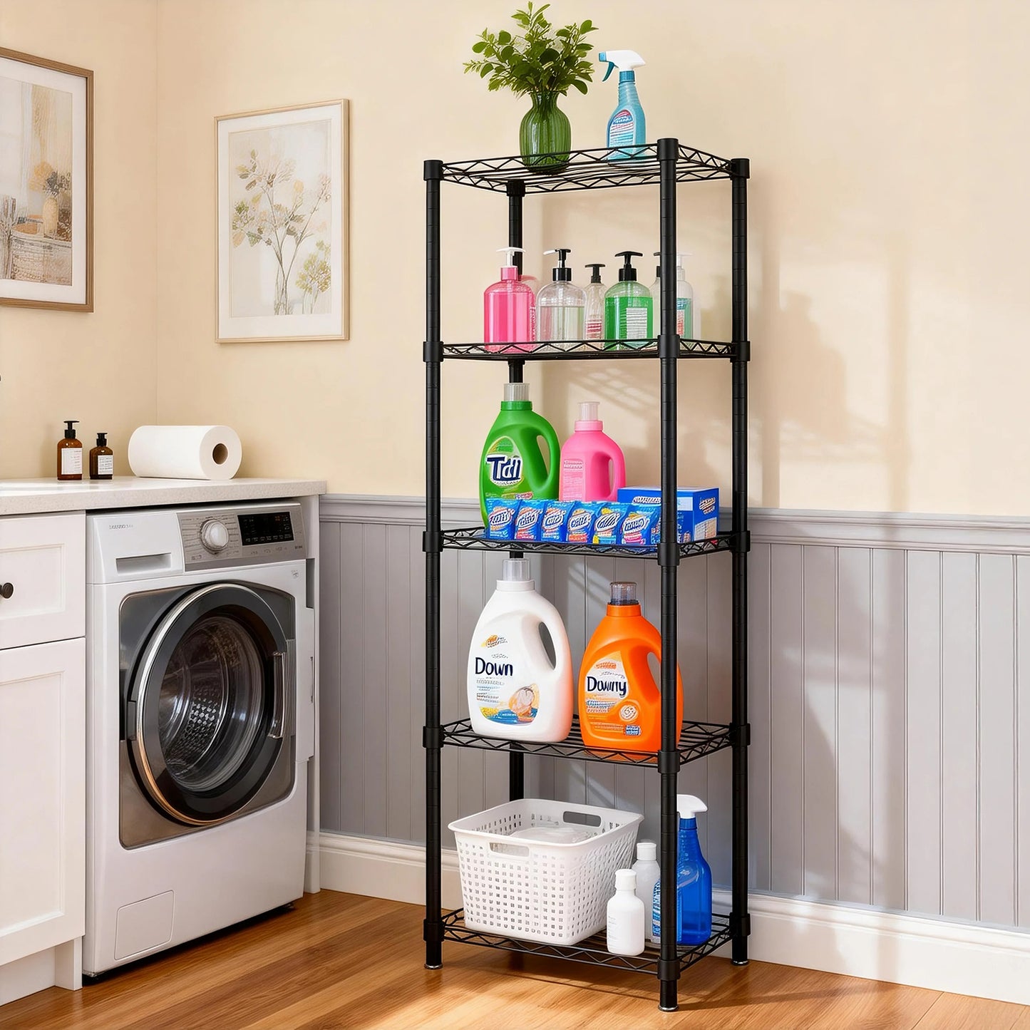 TAIMASI 5-Tier Metal Storage Shelves, Adjustable Black Organizer Rack with Leveling Feet, 11.8"D x 16.6"W x 53.5"H Storage Shelves for Pantry, Kitchen, Laundry, Bathroom Closet