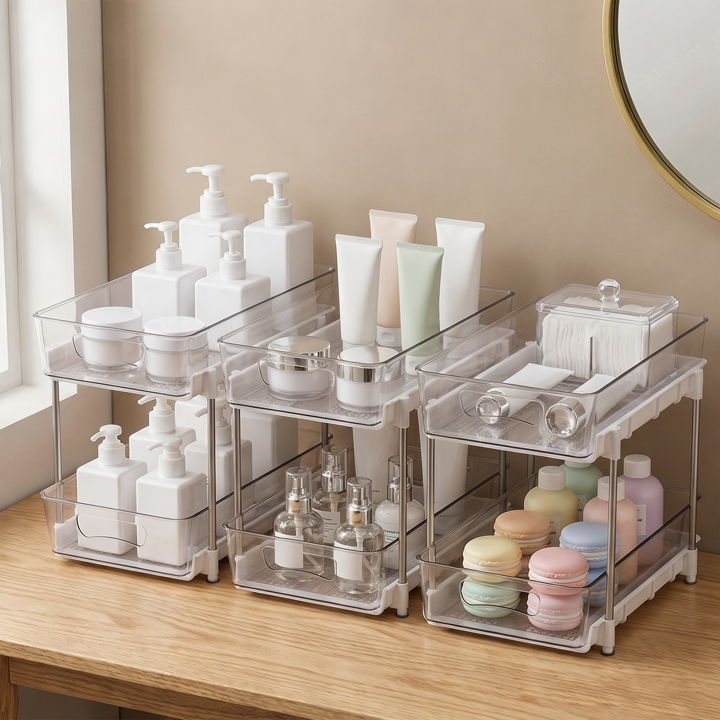 3 Pack Bathroom Organizer, 2 Tier Under Sink Organizers Vanity Countertop Storage Container, Kitchen Cabinet Drawers Bins, Pull-Out Organization for Pantry, Spice, White & Clear