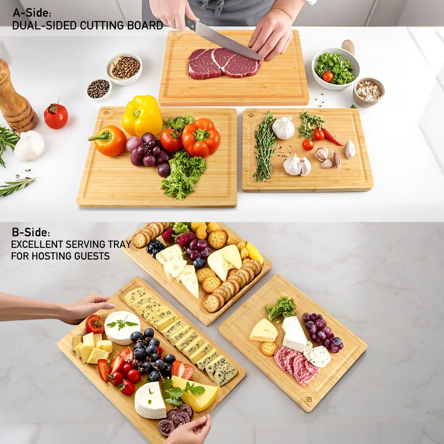 Wooden Cutting Boards with Stand - AOKIWO 8Pcs Bamboo Cutting Board with Stand and Cheese Knives and Finger Guards, Multi-functional Kitchen Meal Prep Board Sets for Charcuterie, Meat, Vegetable