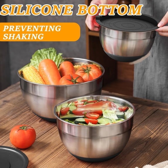 Mixing Bowls with Airtight Lids, AOKIWO 32Pcs Stainless Steel Nesting Non-Slip Bottoms Mixing Serving Bowls Set wtih 3 Grater & Tools Gadgets, 7/4/2.5/2/1.5/1QT Metal Salad Bowls for Serving Preppi