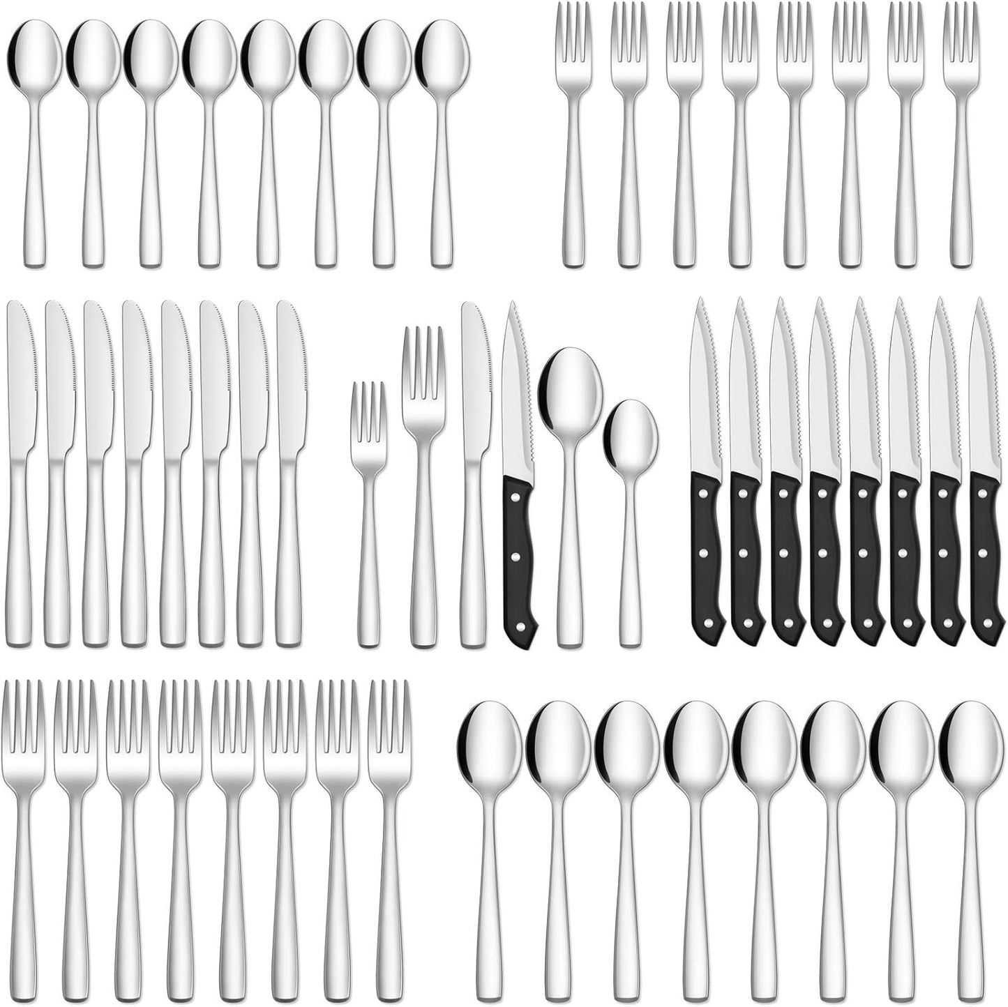 Stainless Steel Flatware Set, 48-Piece 18/8 Stainless Steel Silverware with Steak Knives for Kitchen Restaurant, Mirror Polished ,Dishwasher Safe