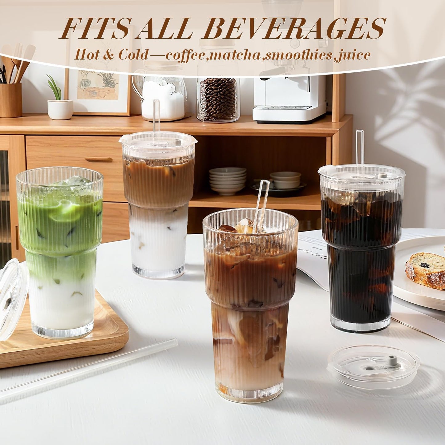 Iced Coffee Cups with Lids, 4Packs Ribbed Glass Tumbler with Straws and Lids, 20oz Leak Proof Tumbler Coffee Bar Accessories Reusable Glass Cups for To Go Iced Coffee