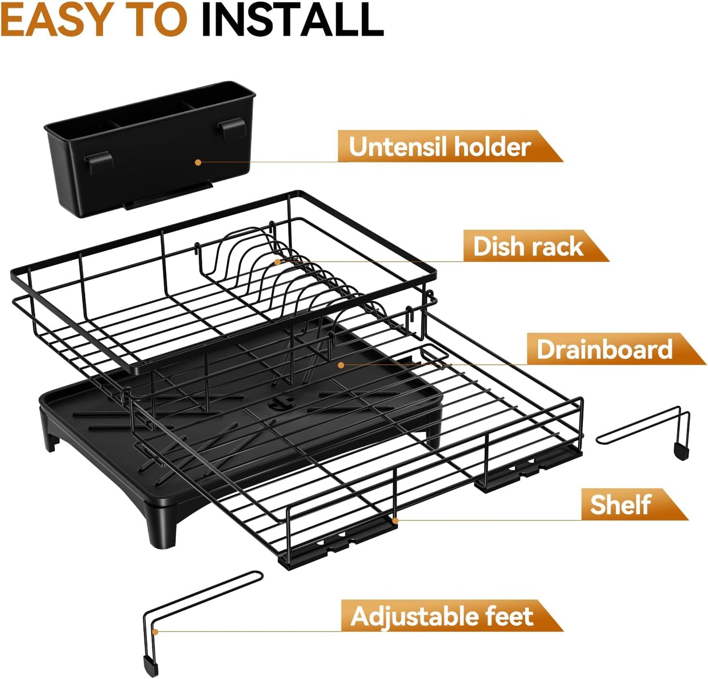 Dish Drying Rack - Extendable Dish Rack, AOKIWO Large Capacity Drying Drainer for Kitchen Counter, Stainless Steel Rust-Proof with Utensil Holder, Black