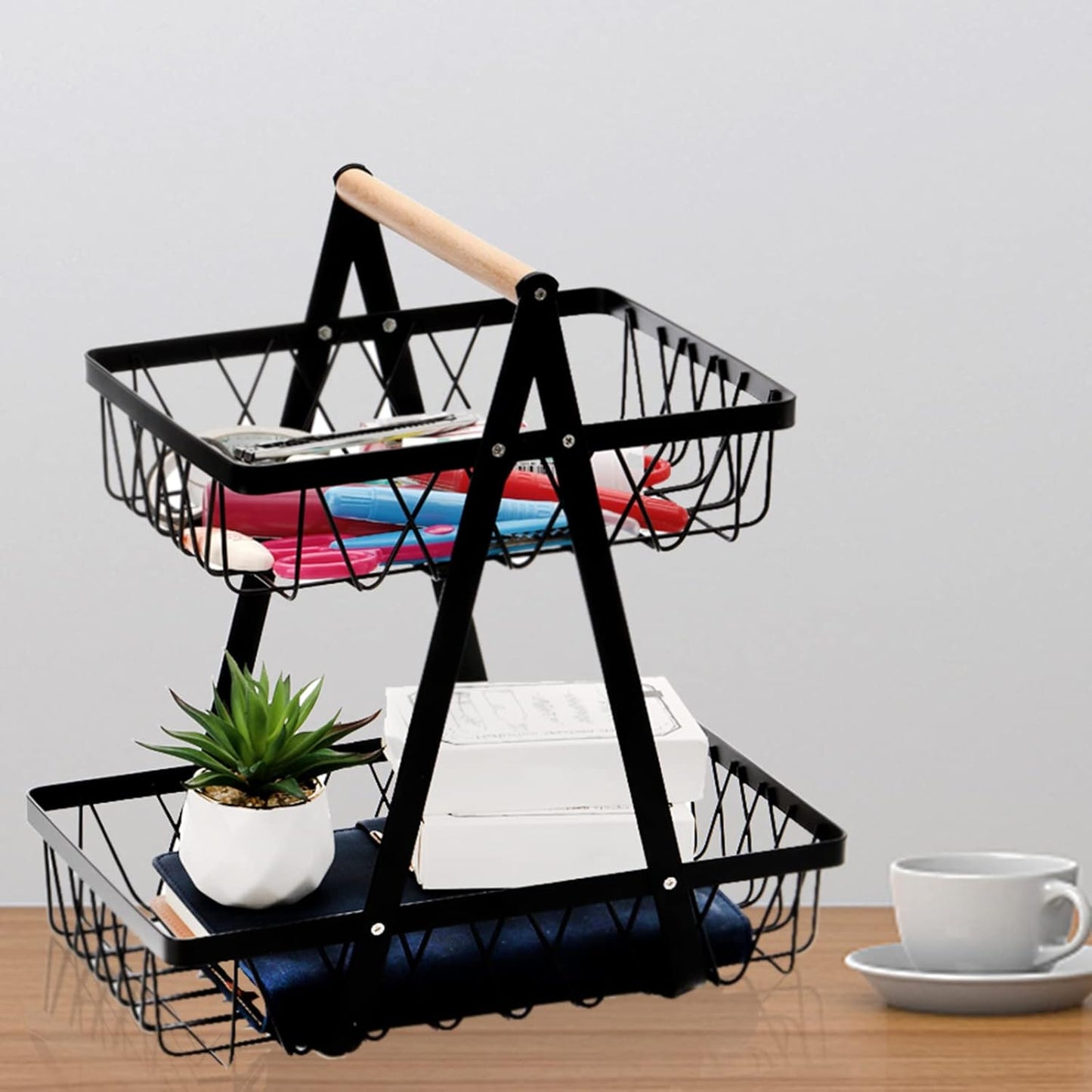 Metal Storage Basket with Handles, 2 Tier Wire Fruit Snack Organizer Bin for Office Cournertop, Rustic Black Basket for Storage